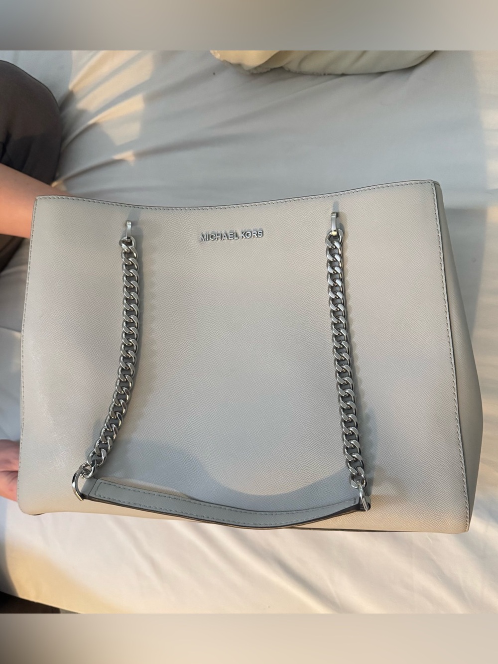 Michael Kors Cream Saffiano Tote with Silver Chain Handles